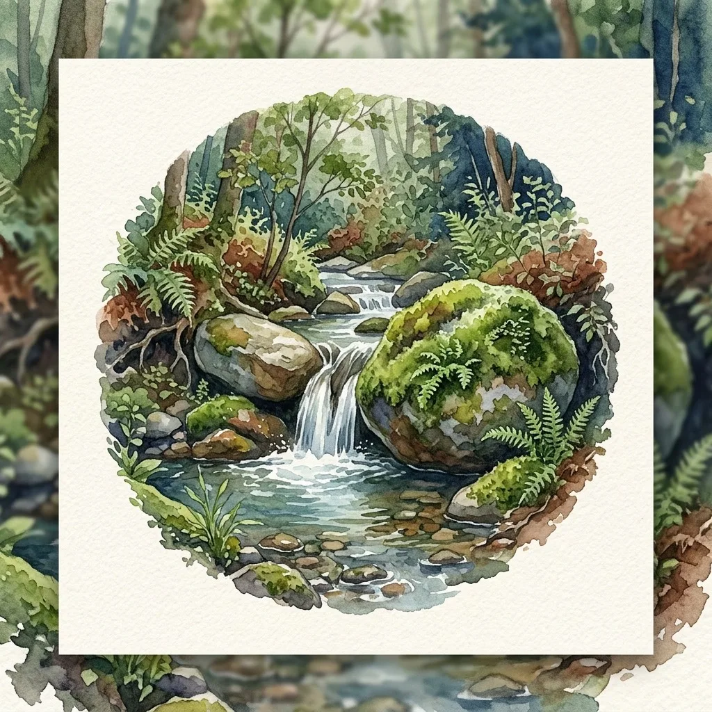 Mossy stone beside a tiny waterfall