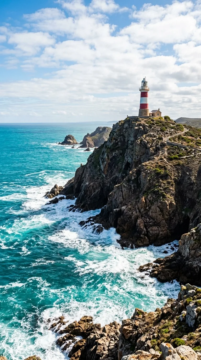 A lighthouse on a rugged sea cliff.