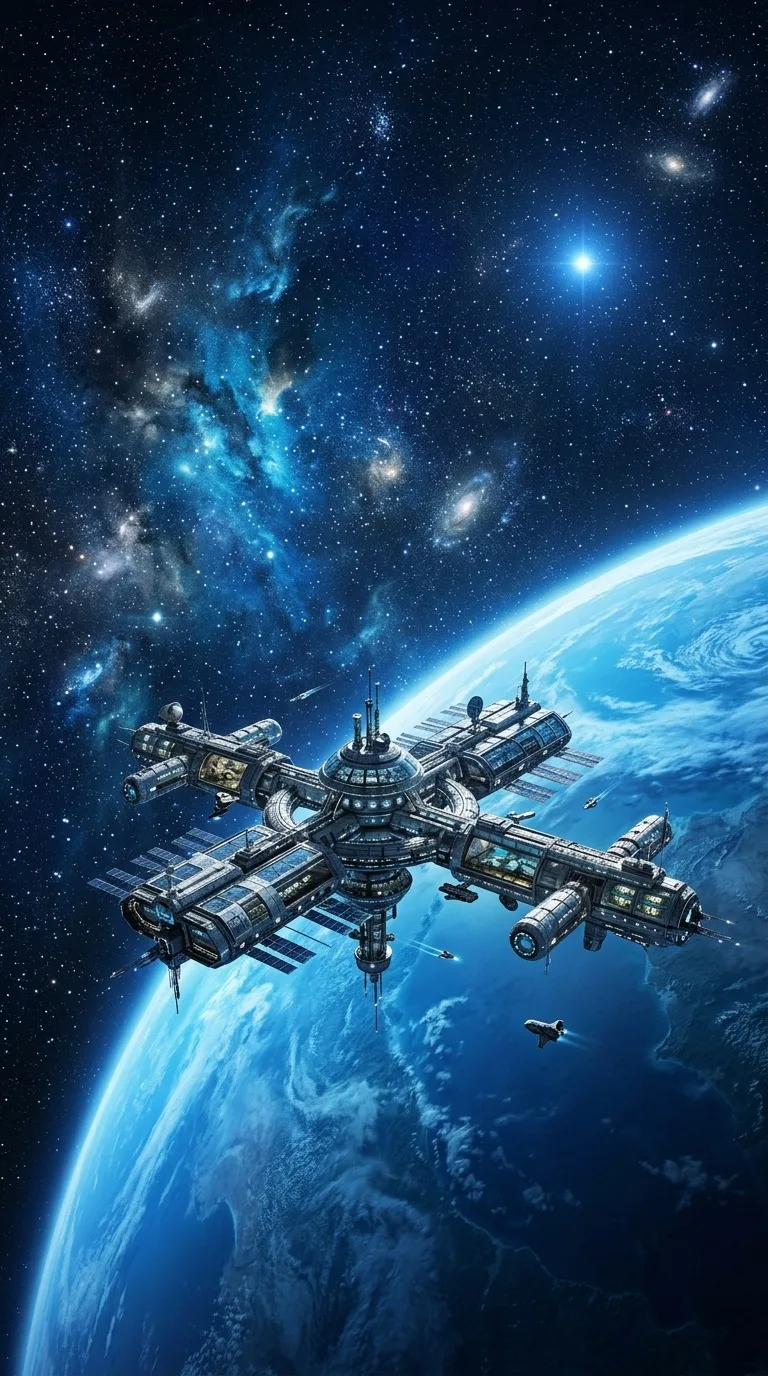 A distant cosmic horizon beyond a floating outpost.