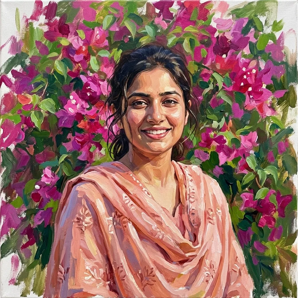 An adult woman with peach shalwar kameez by bougainvillea
