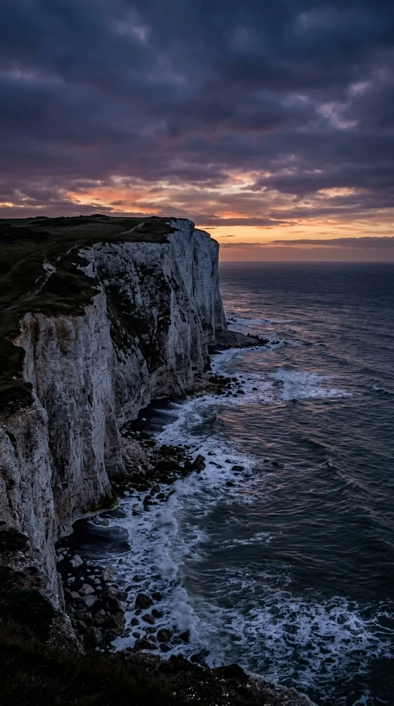 A coastline of towering white chalk cliffs.