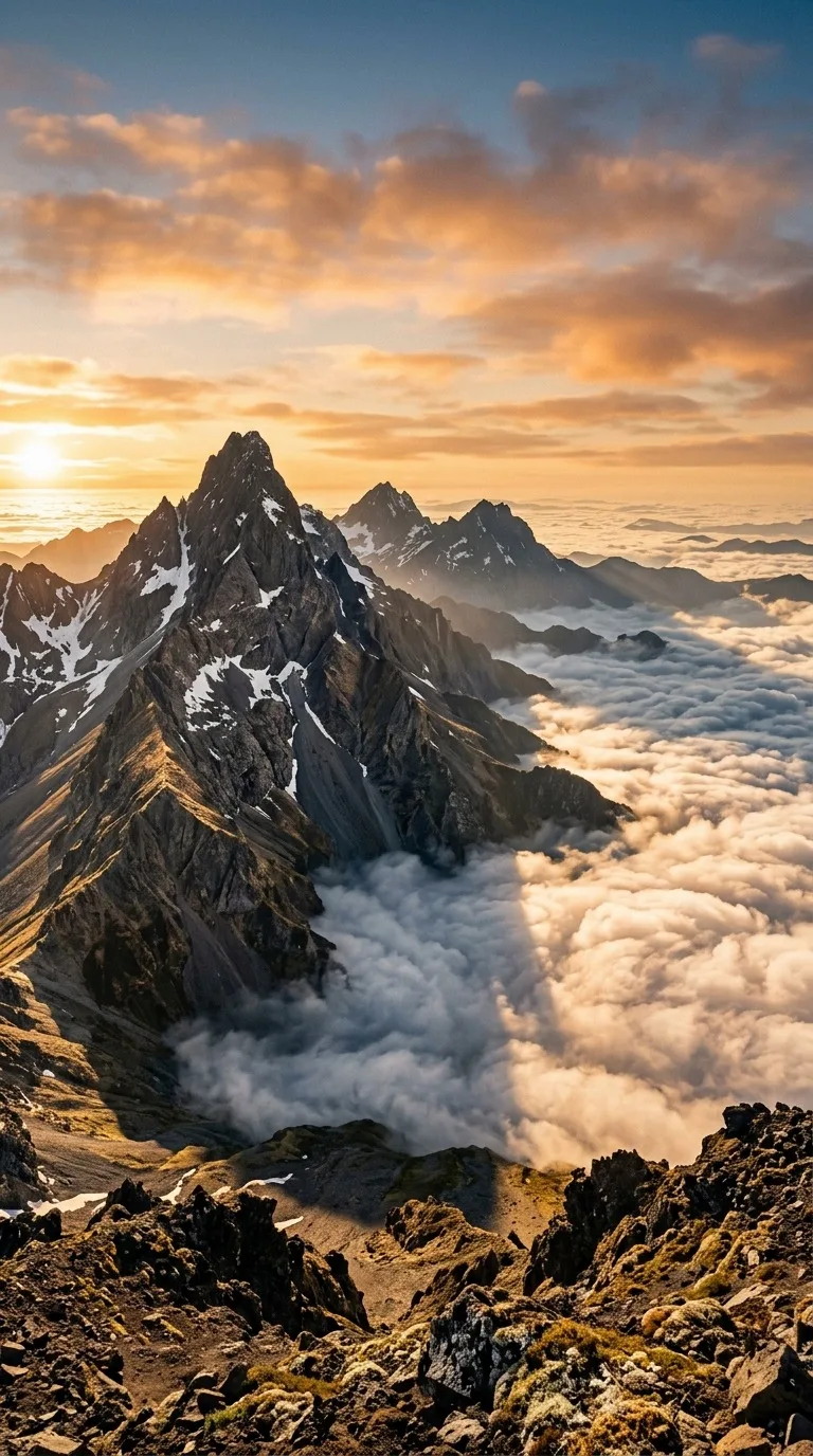 Dramatic volcanic peaks above clouds.