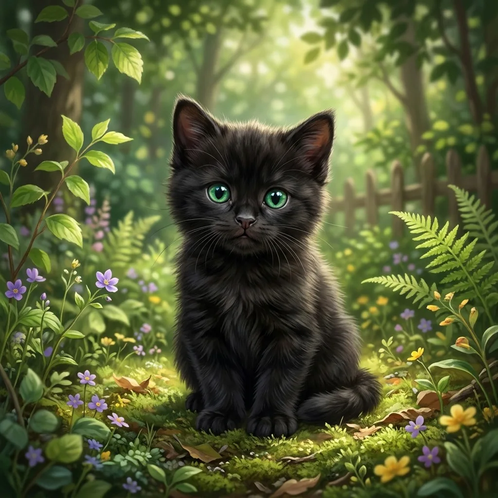 Black kitten with emerald eyes