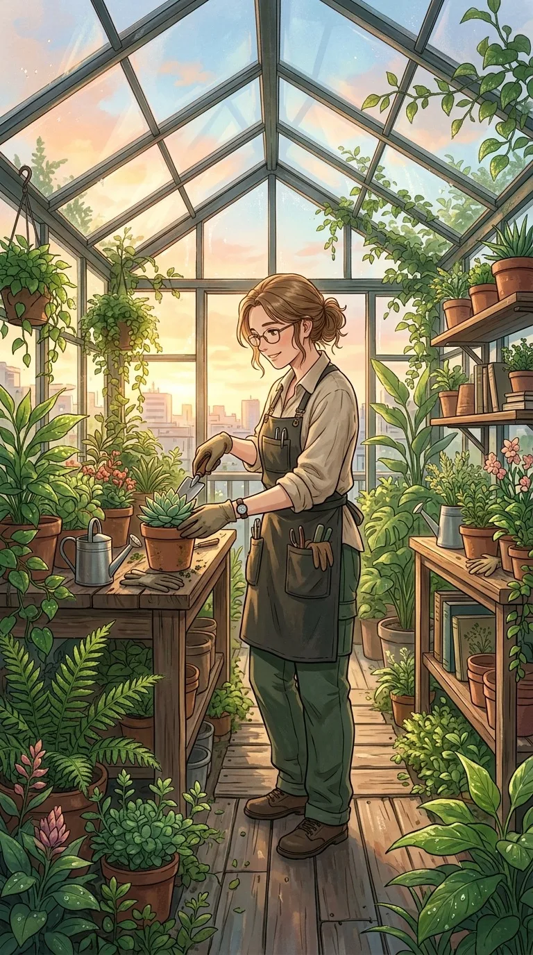 An adult botanist in a luminous rooftop greenhouse.