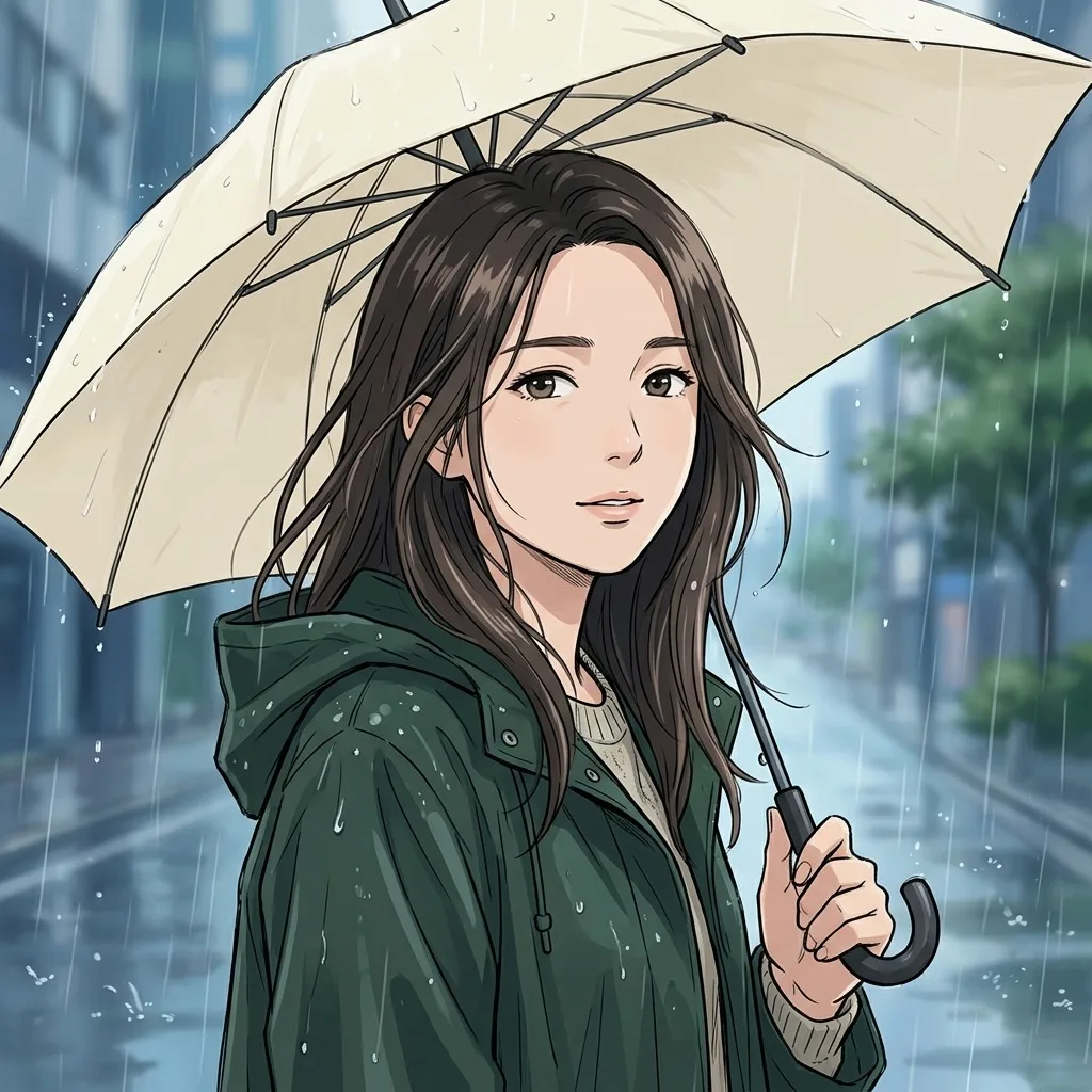 An adult woman with long dark hair and cream umbrella in rain