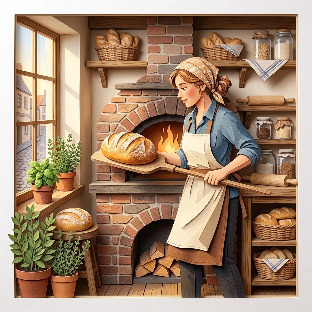Baker lifting a golden loaf in morning light