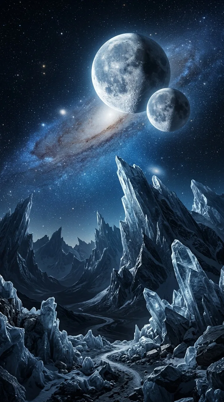 A double moon above crystalline cliffs.