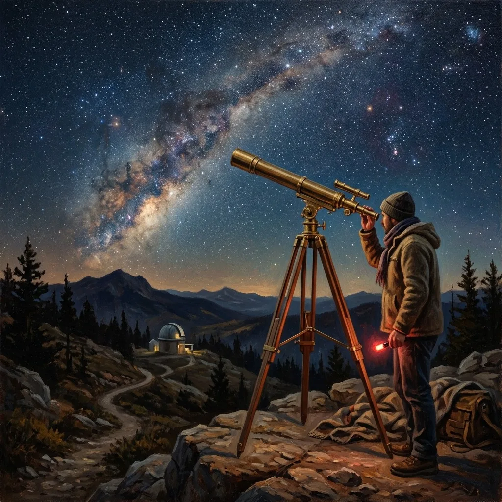 Telescope pointed at a clear starry sky