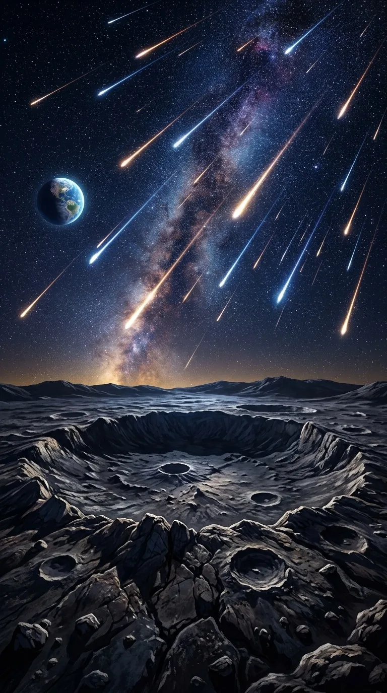 A meteor shower over a lunar crater.