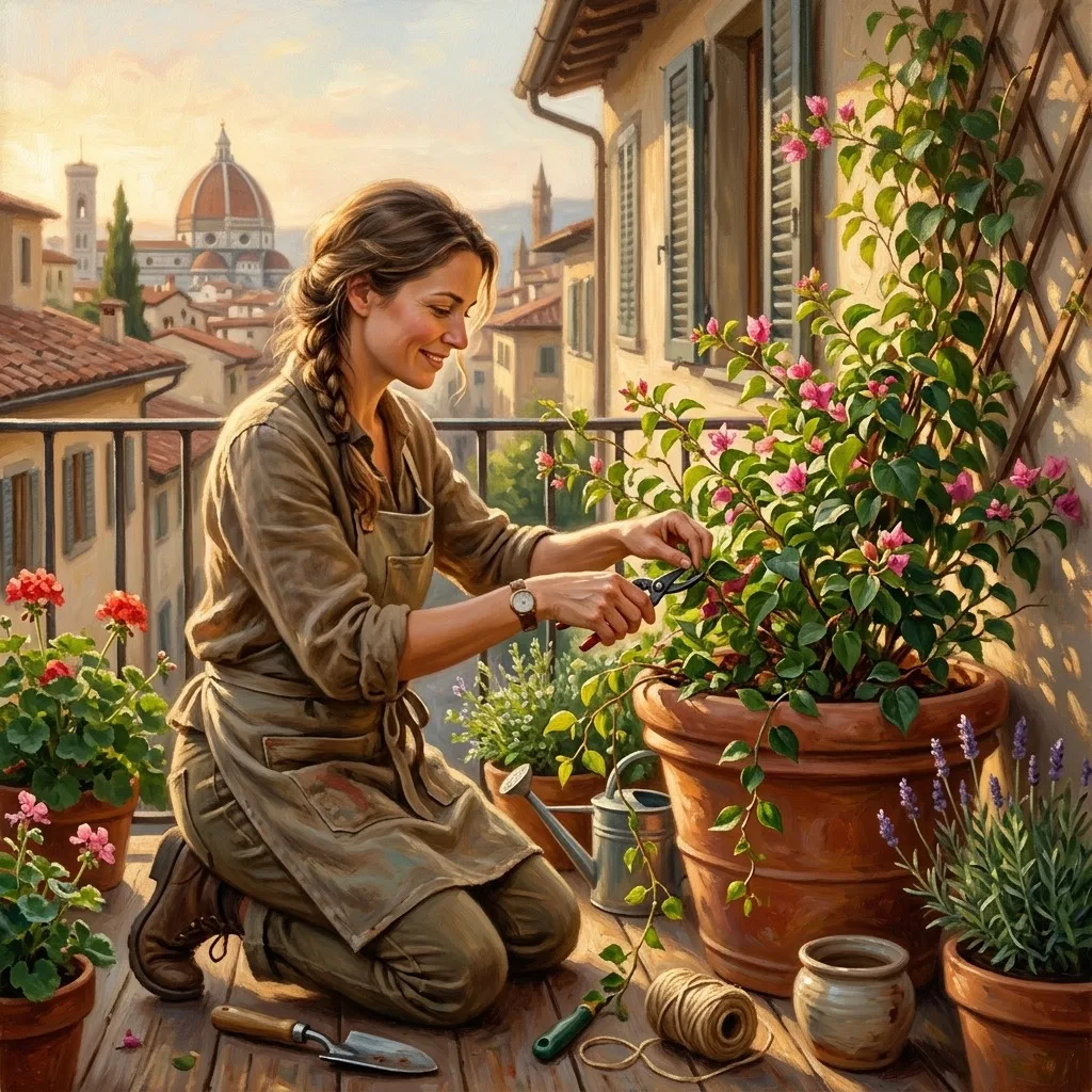 Gardener tending a flourishing balcony plant