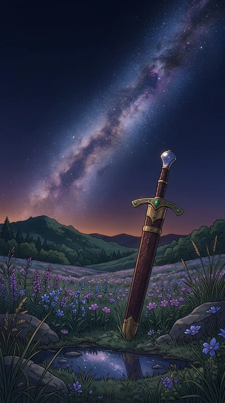 A sheathed original ornamental sword planted upright beside purple wildflowers, reflected stars in polished metal, huge Milky Way over distant hills