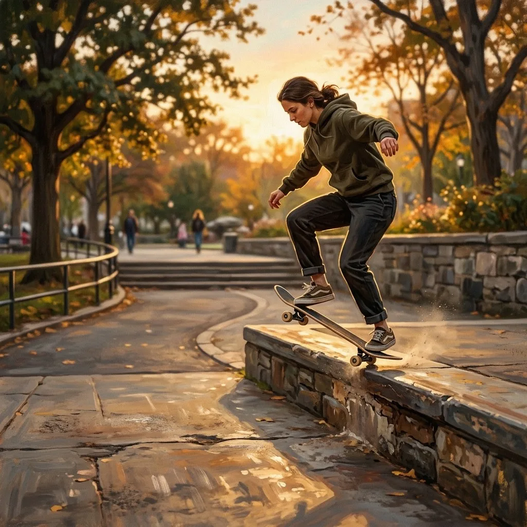 Skateboarder landing a small clean jump