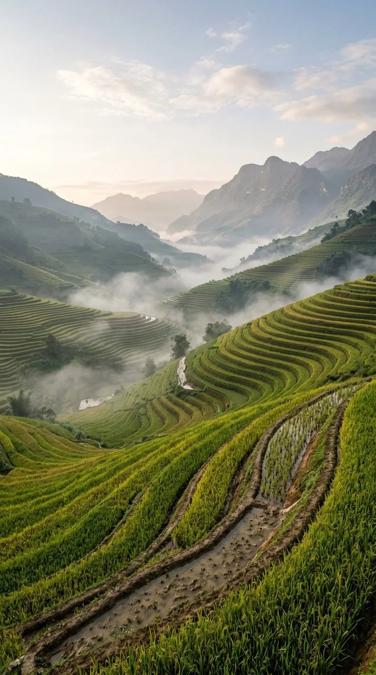 Terraced rice fields with drifting mist.