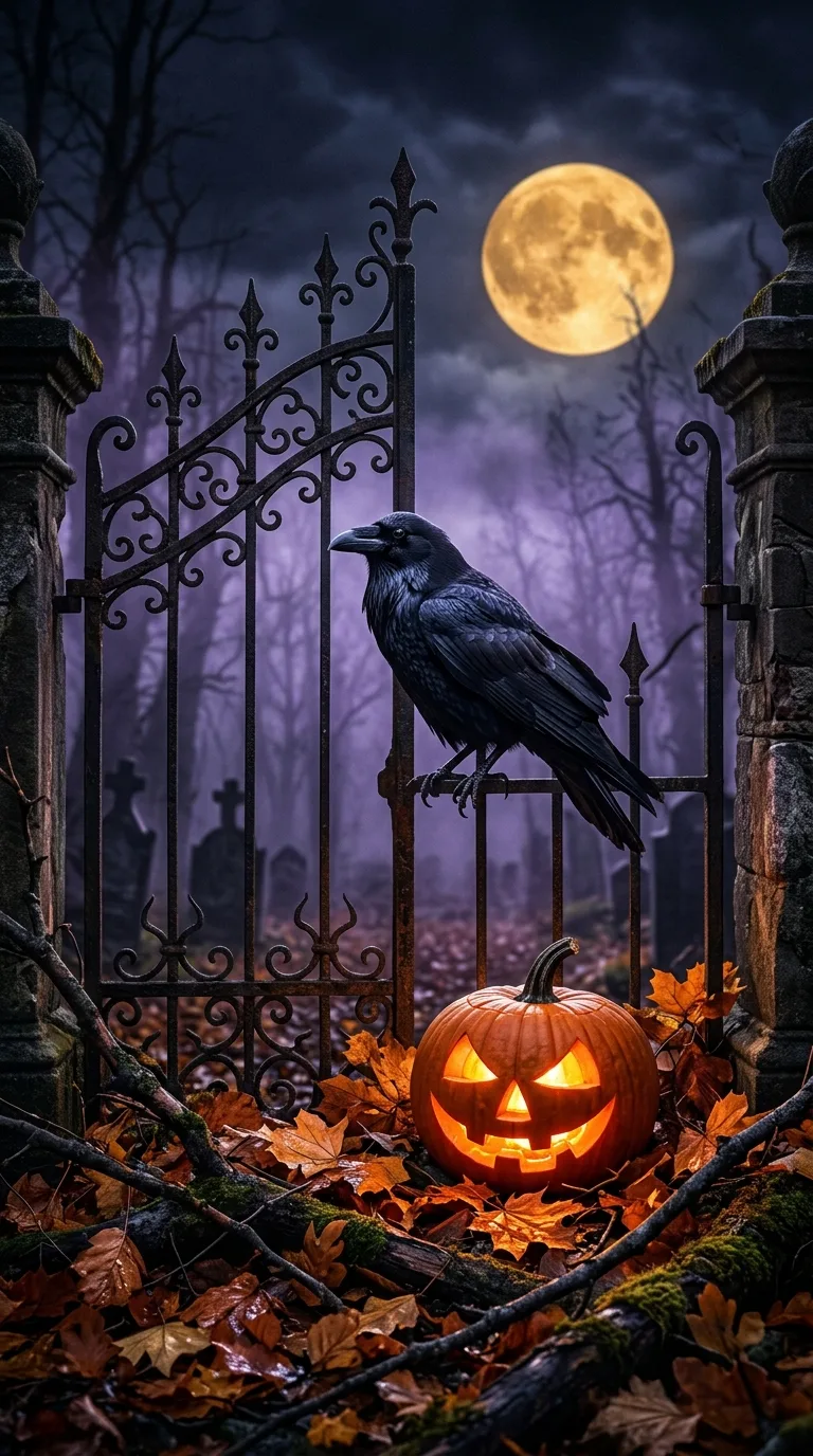 A black raven perches on an iron gate above a glowing pumpkin beneath a golden moon