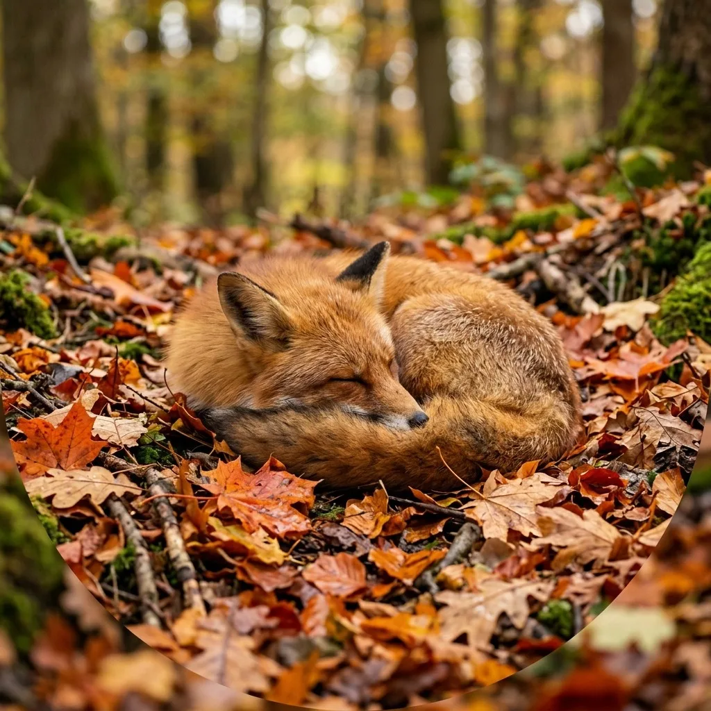 Red fox resting among autumn leaves