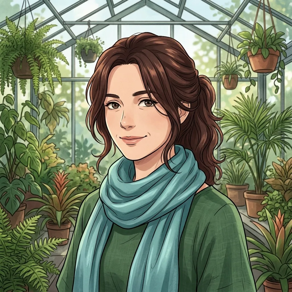 An adult woman with teal silk scarf in a botanical greenhouse