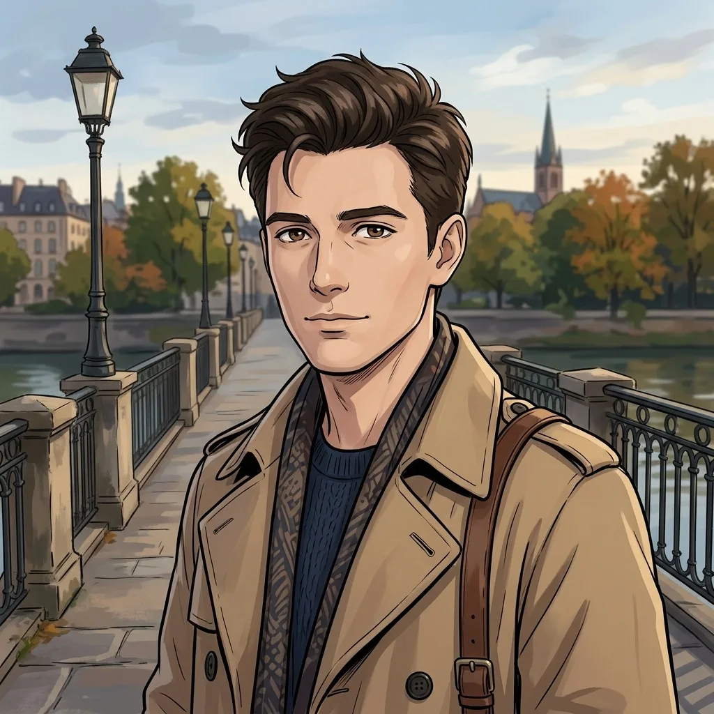 An adult man with tan trench coat on a quiet bridge