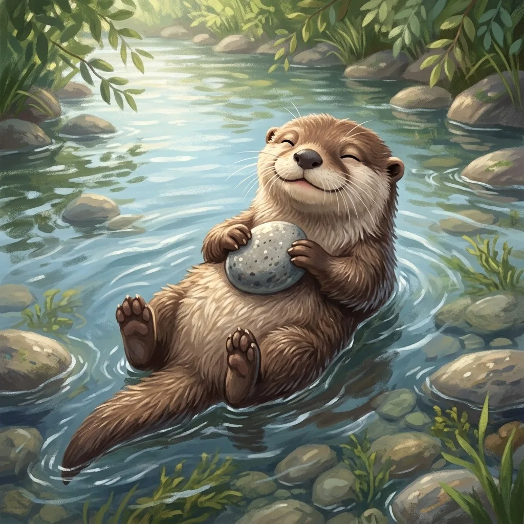 Otter floating with a smooth pebble