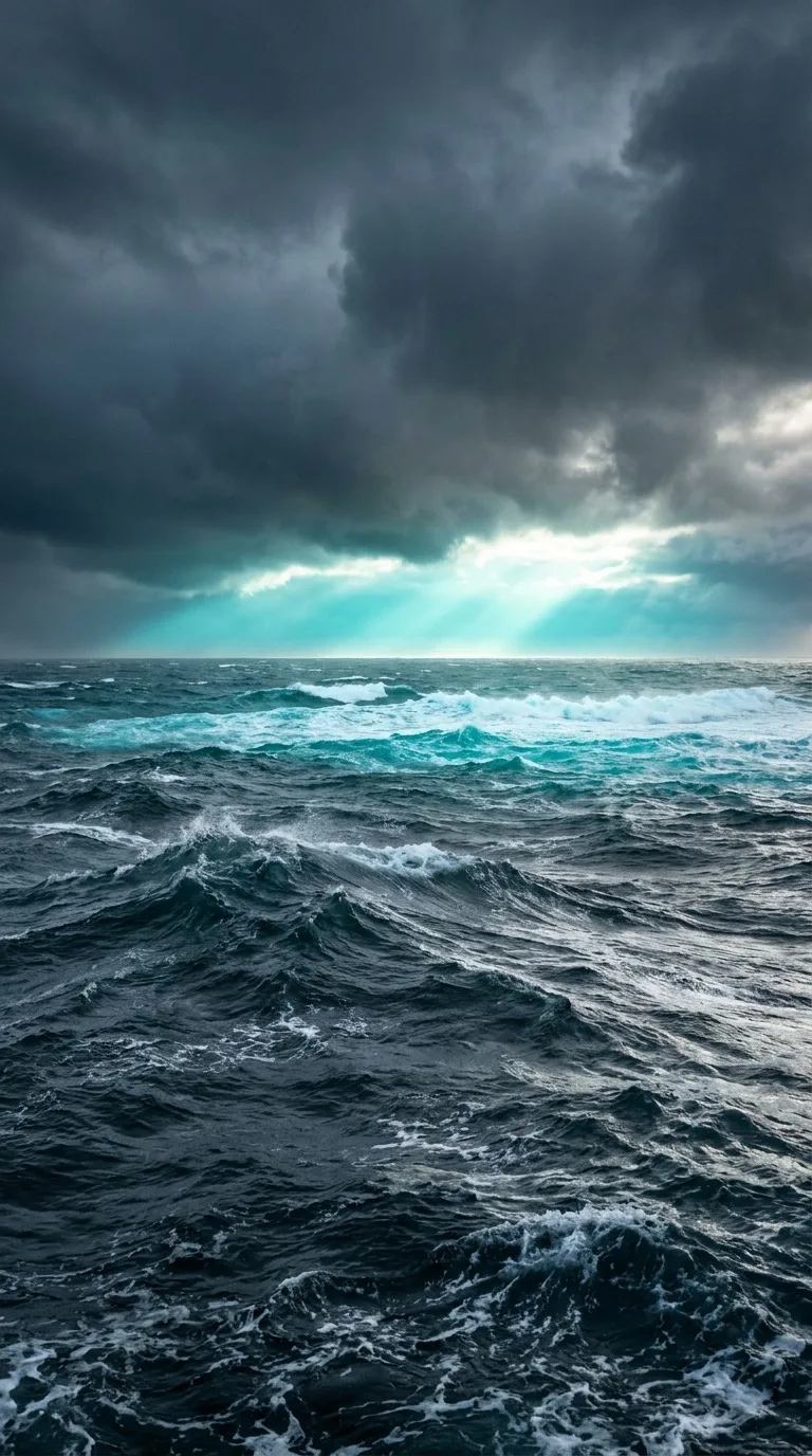 A stormy sea with distant breaking light.