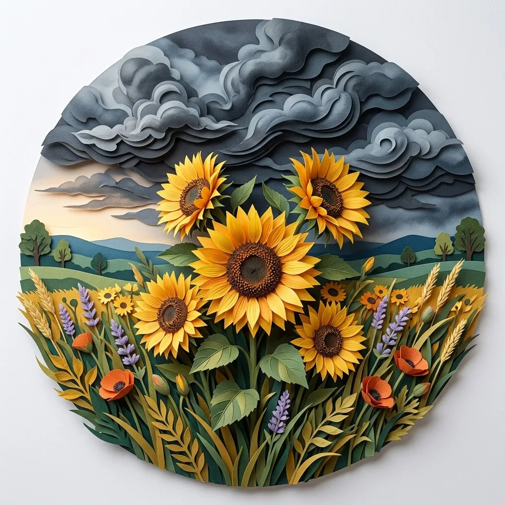 Storm clouds over a sunflower meadow