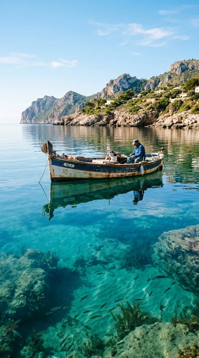 A quiet fishing boat on glassy water.