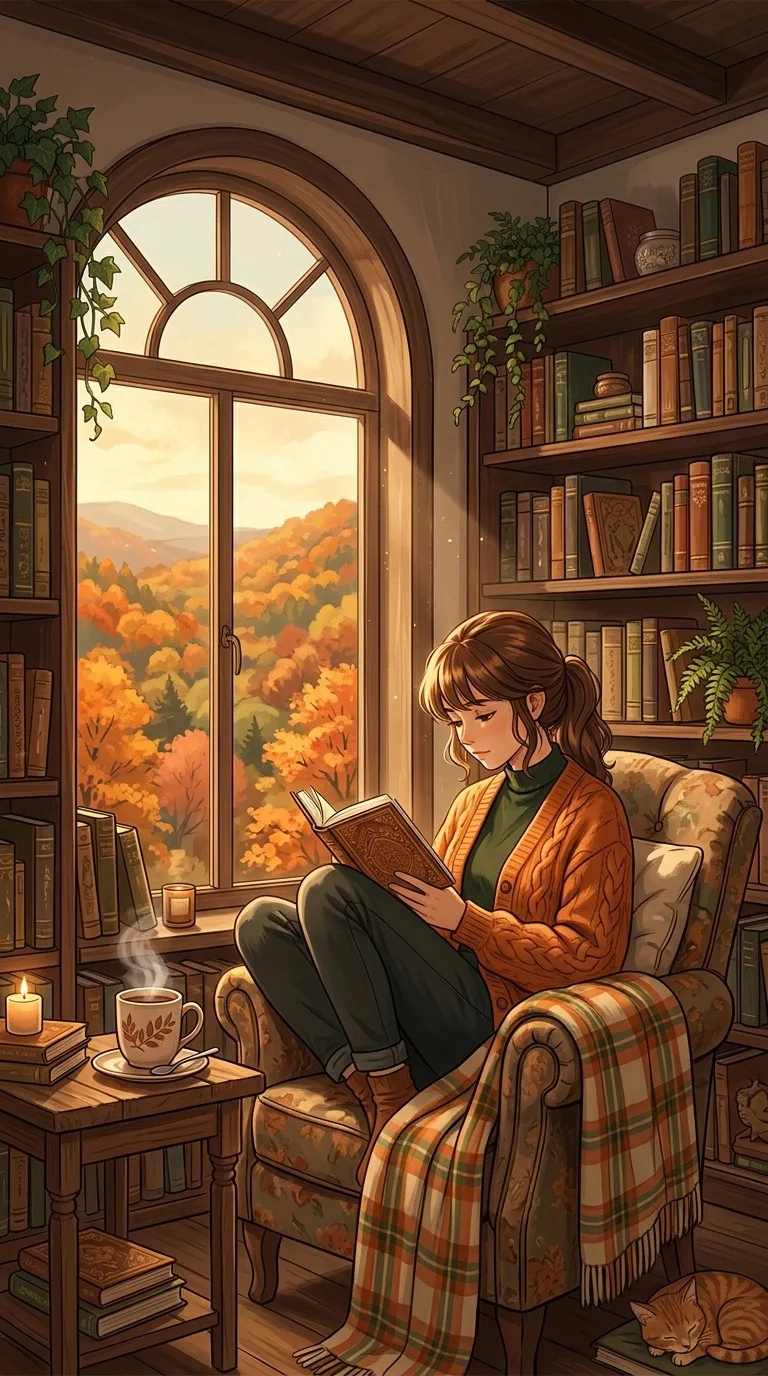 A cozy book-filled room with an arched window overlooking orange autumn trees, steaming tea and warm sunbeams, peaceful reading atmosphere