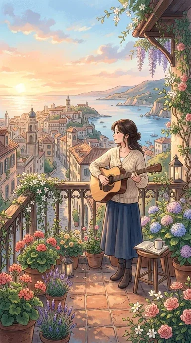 An adult musician on a flower-covered balcony.