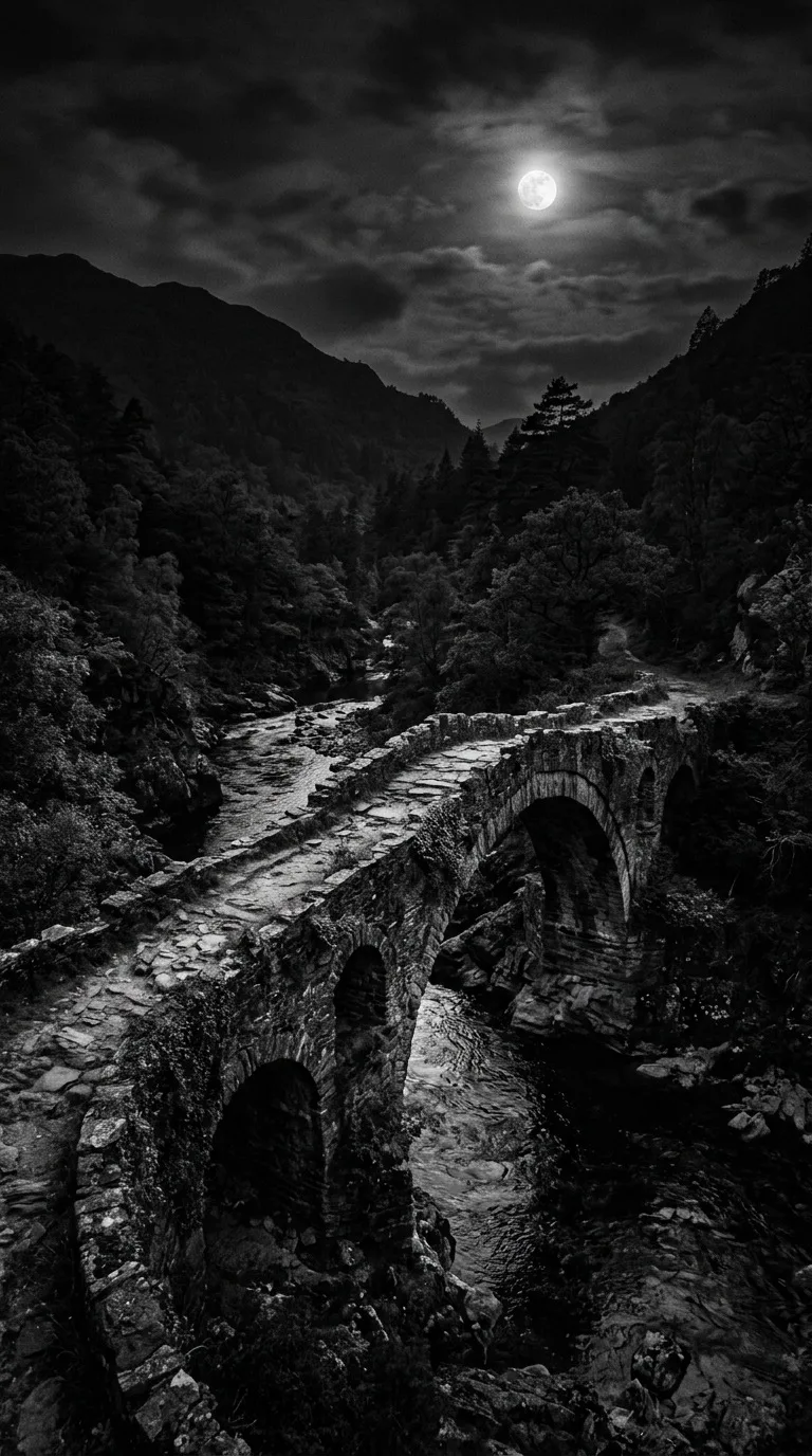 An abandoned stone bridge in moonlight.