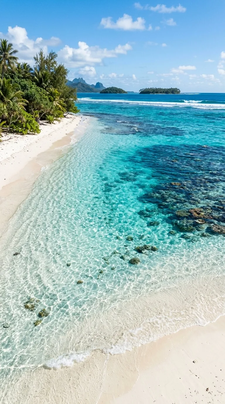 A quiet tropical lagoon with white sand.