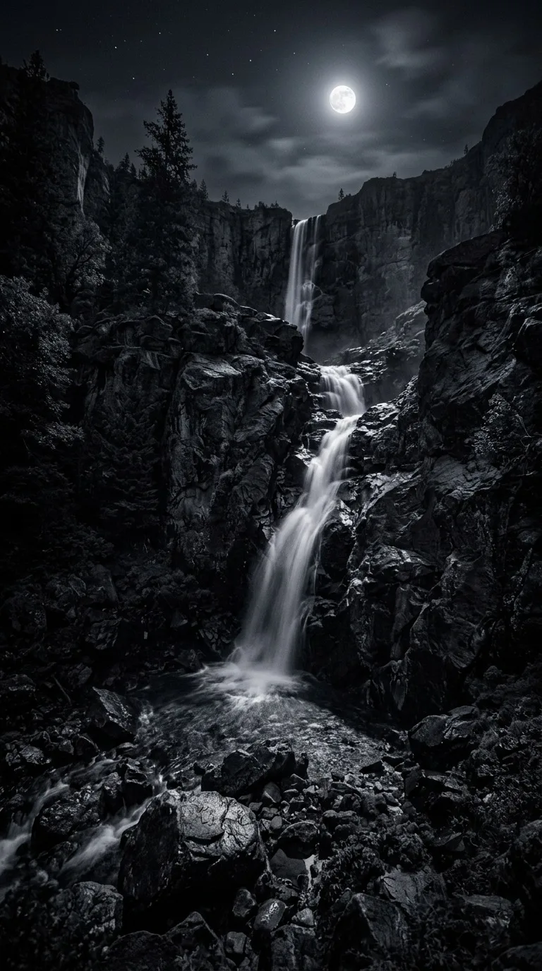 A moonlit waterfall between rocks.