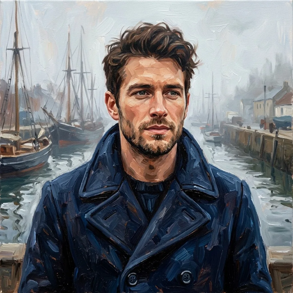 An adult man with navy peacoat at a foggy harbor