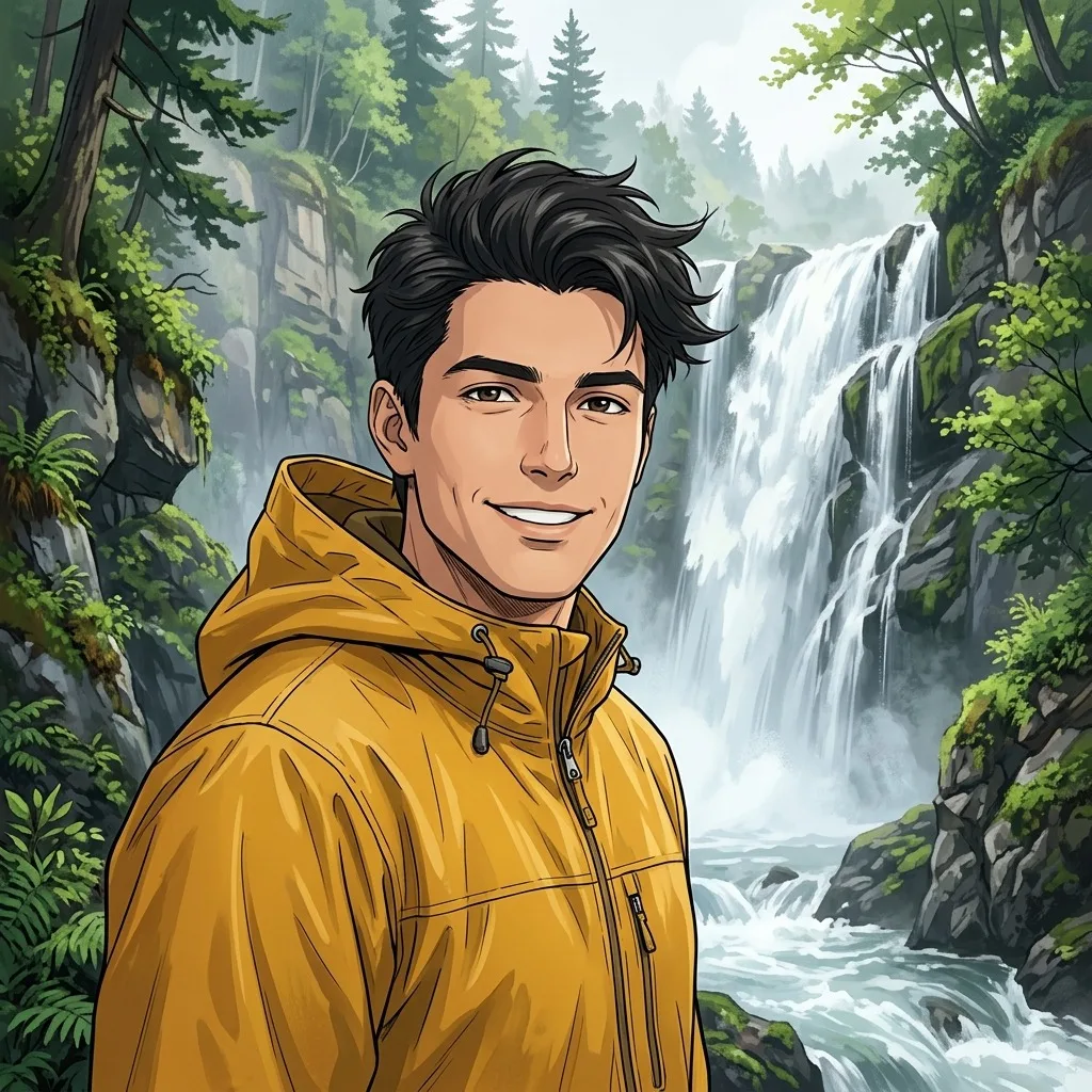 An adult man with mustard rain jacket beside a waterfall