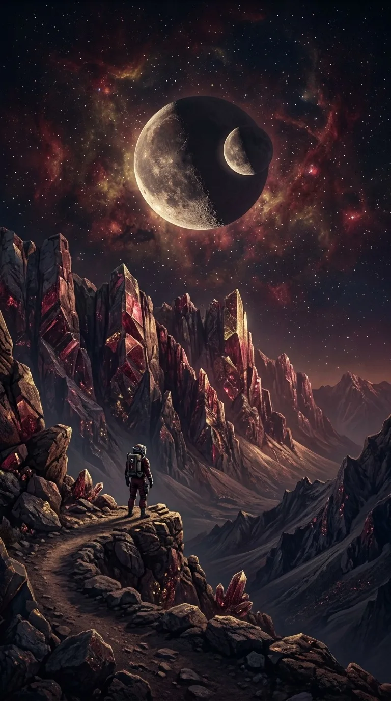 A double moon above crystalline cliffs.