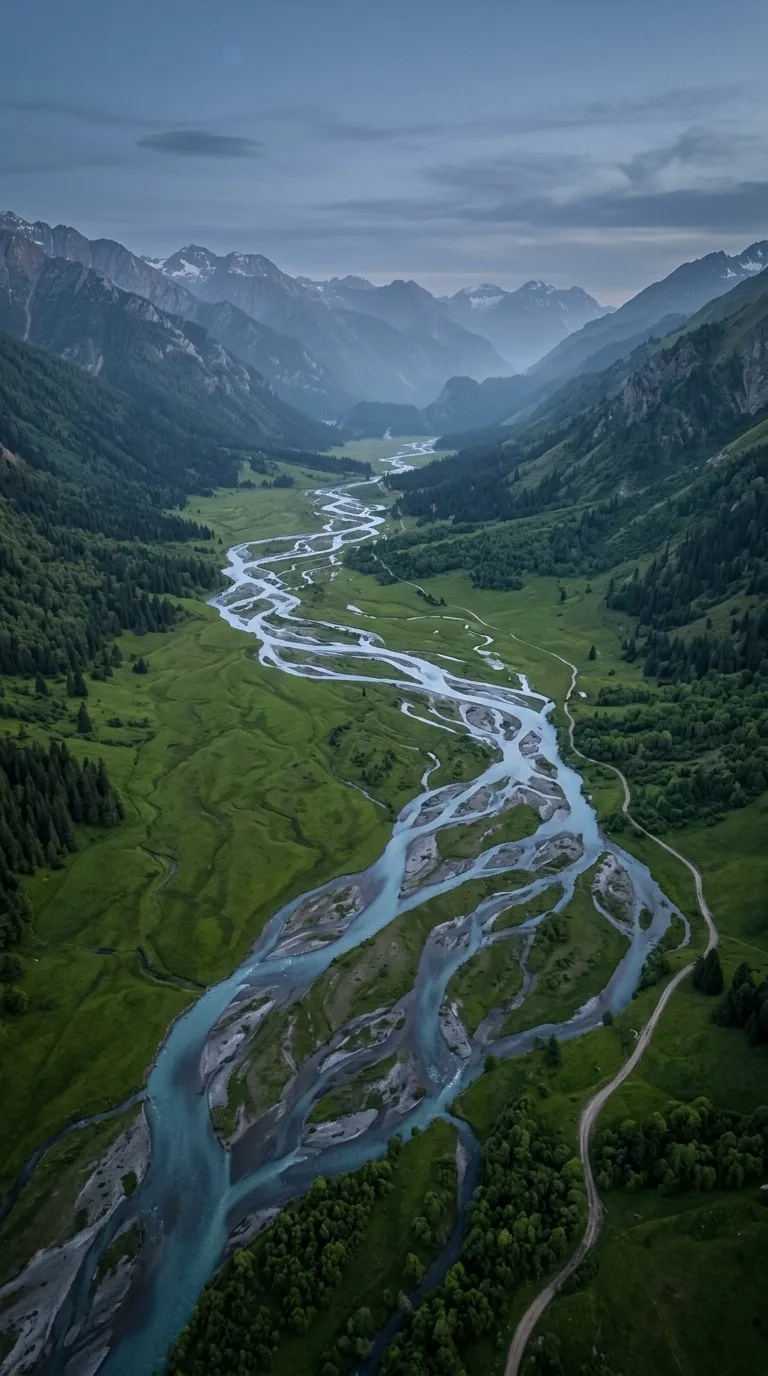 Aerial braided river through green valleys.