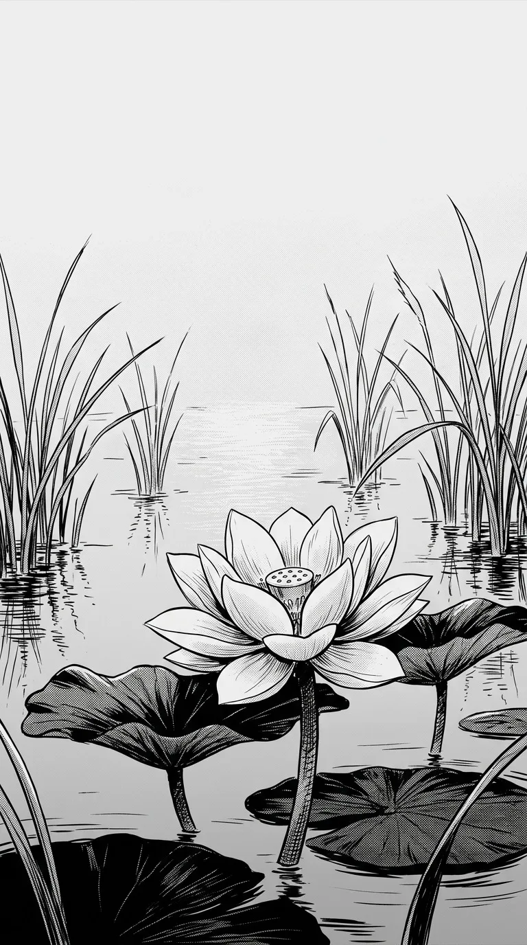 A quiet lotus pond with one large pale flower in the foreground, slender reeds and reflected moonlight, minimalist black-and-white design