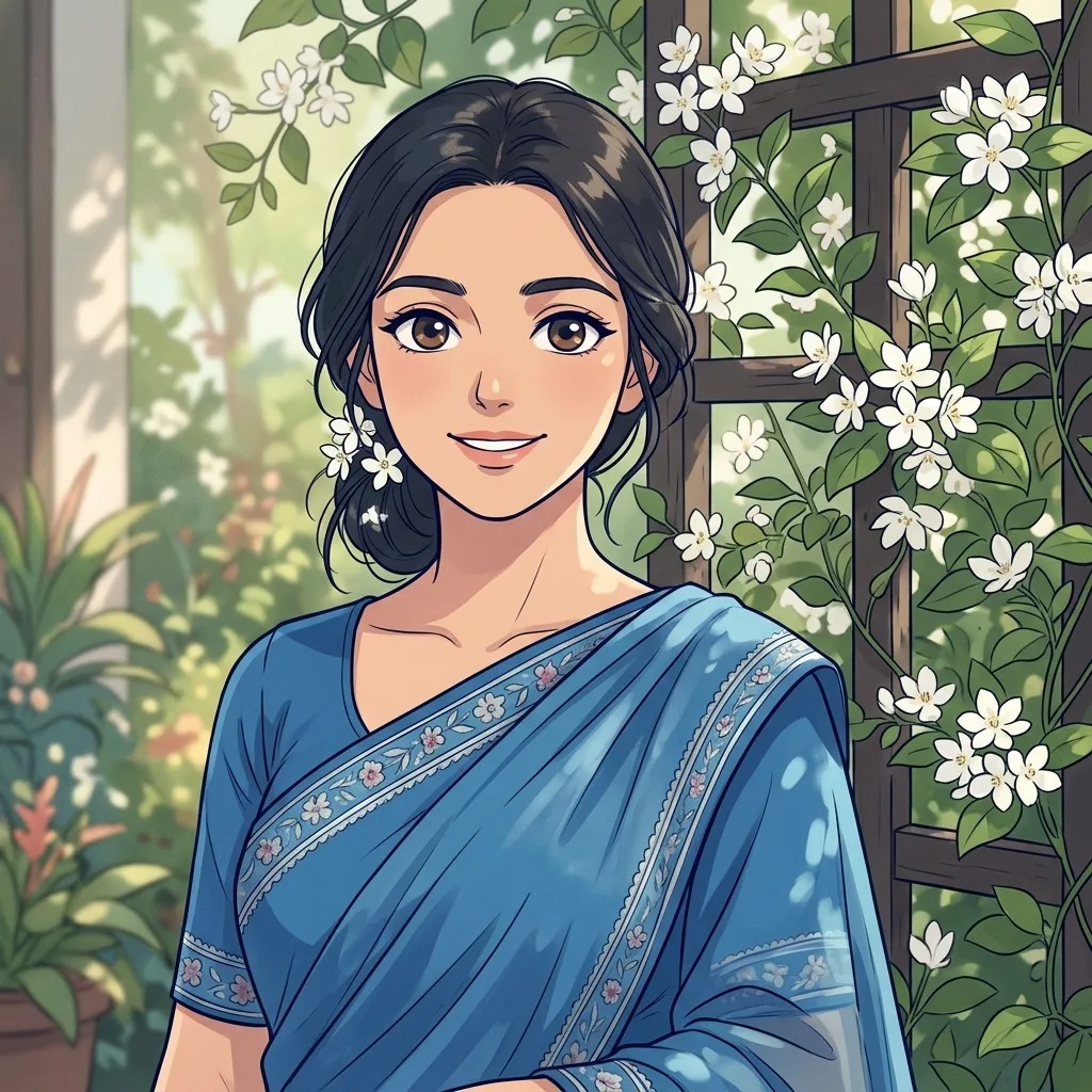 An adult woman with blue sari beside a jasmine trellis