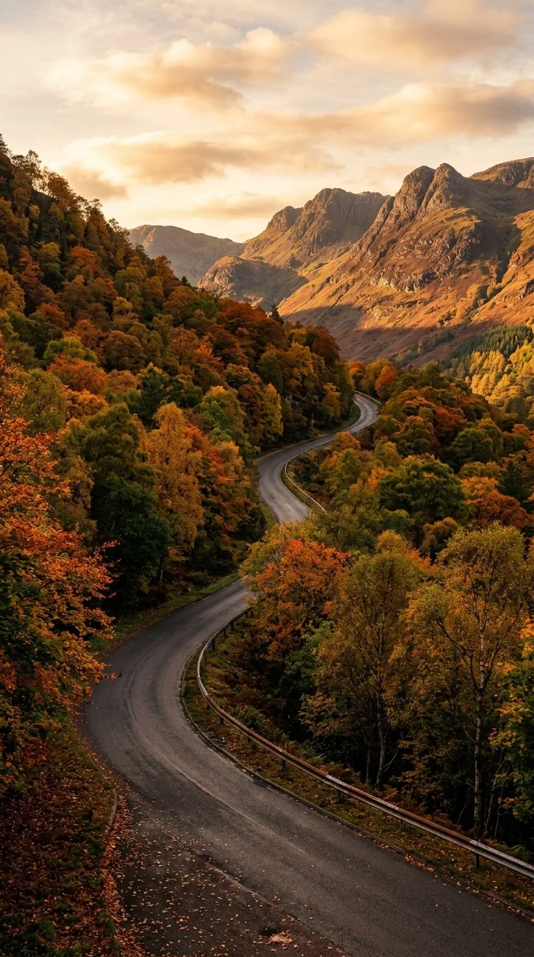 Mountain road winding through autumn trees.