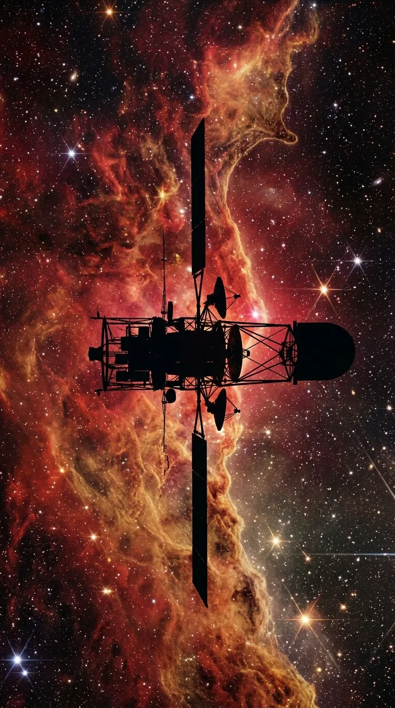 A deep-space telescope silhouetted against stars.