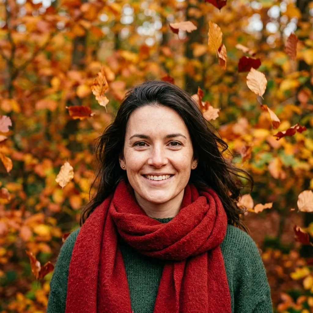 An adult woman with red scarf amid falling autumn leaves