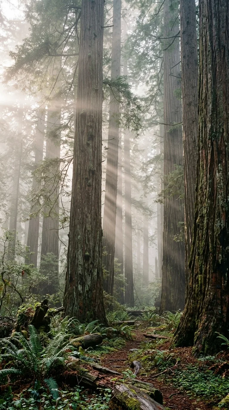 Misty redwood forest with sunbeams.