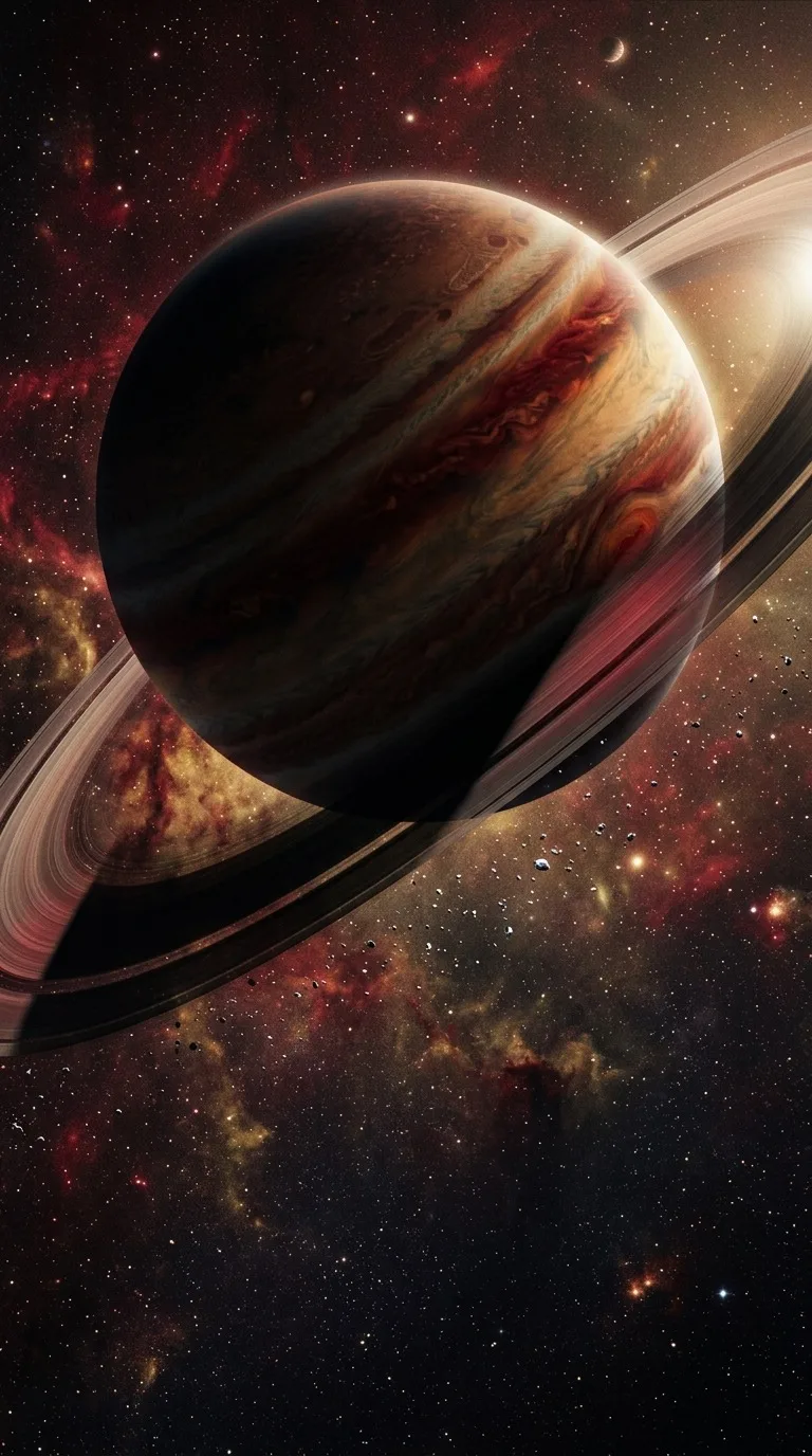 A thin planetary ring casting an immense shadow.