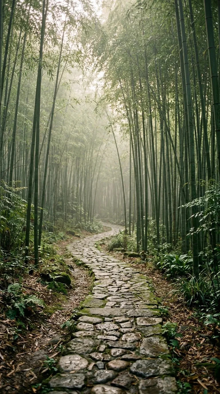 Bamboo grove with a quiet stone path.