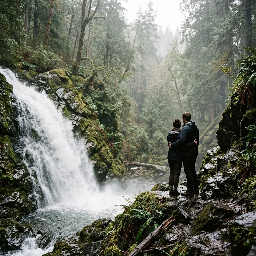 Adult couple standing beside a waterfall in misty forest