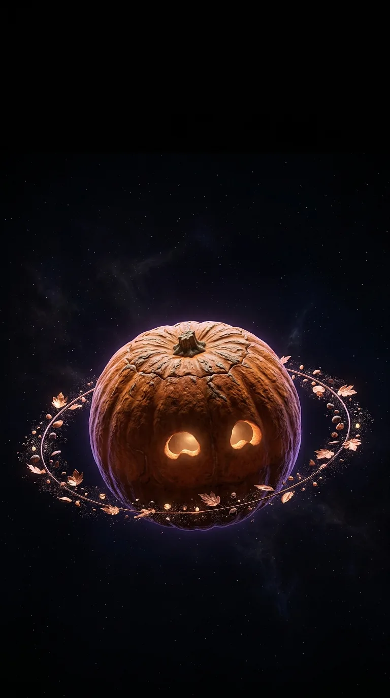 A glowing pumpkin planet floats in space within a ring of small leaves and stones