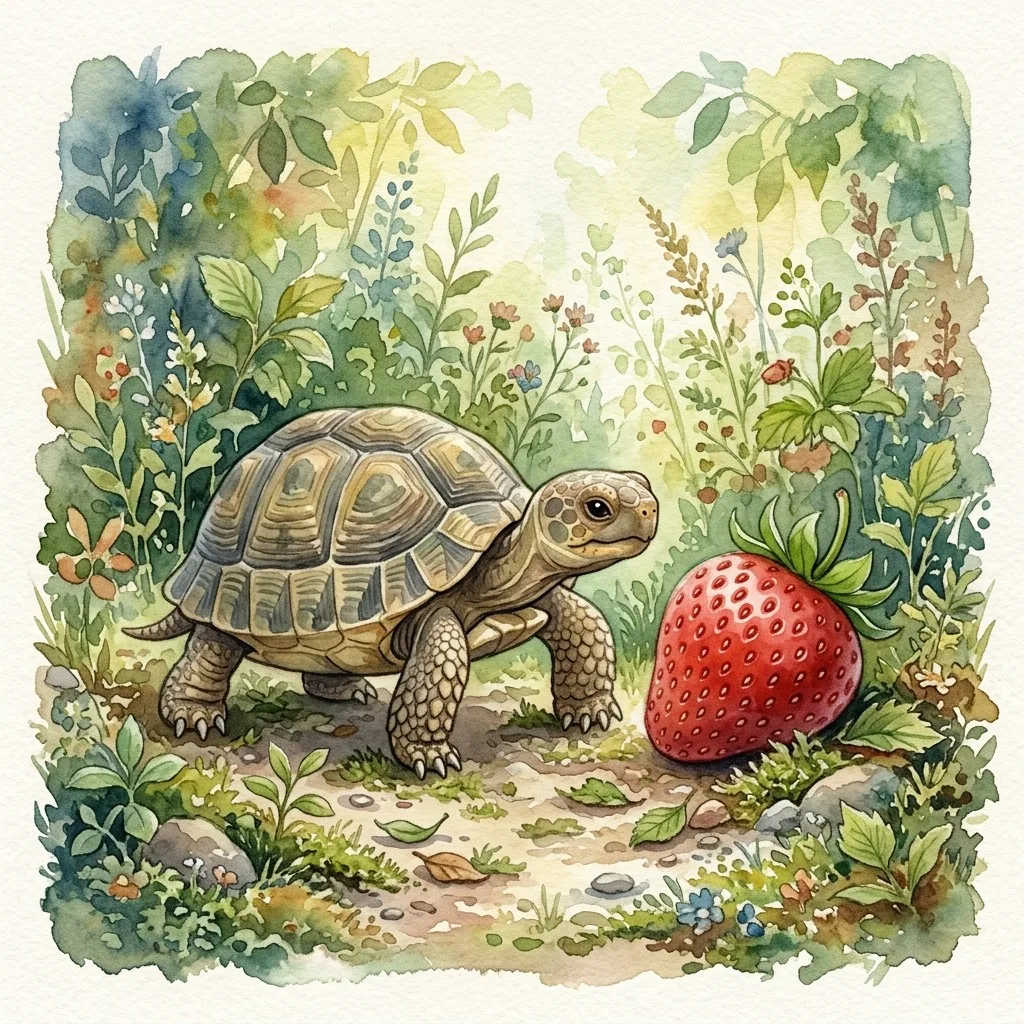 Tortoise beside a strawberry