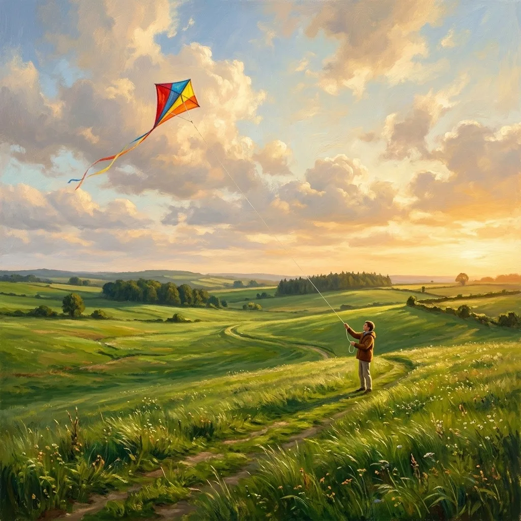 Bright kite rising above an open green field