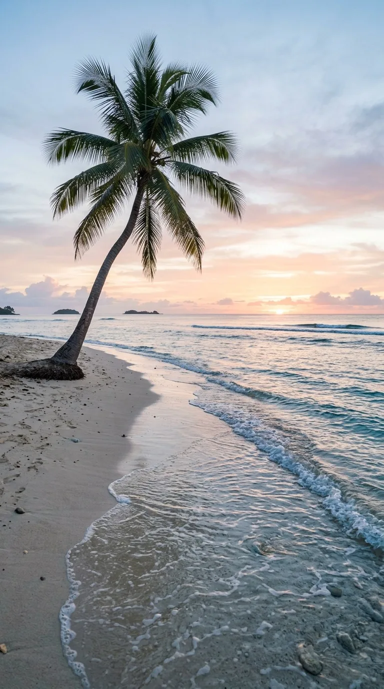 A tranquil beach with a single palm.