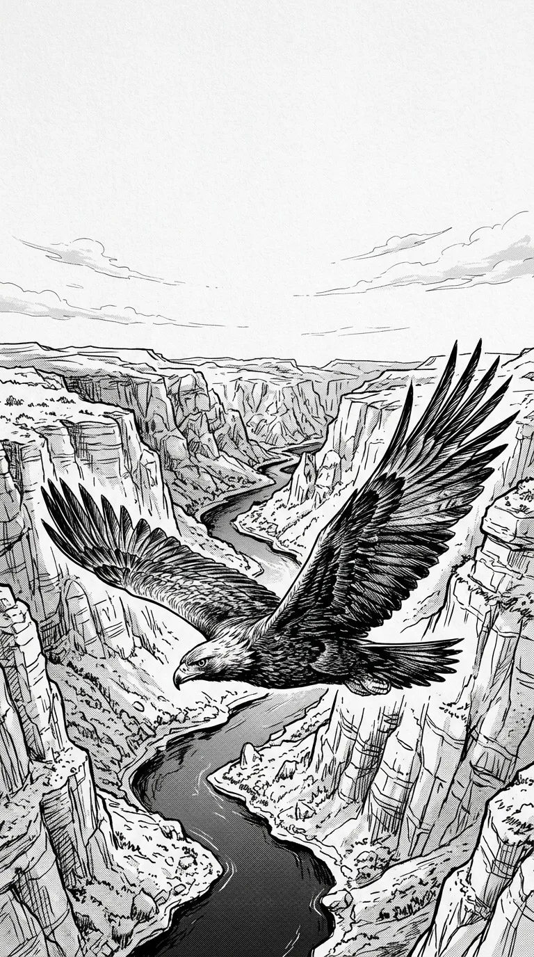 A soaring eagle above steep canyon walls and a winding river, finely inked feathers, dramatic high-altitude perspective