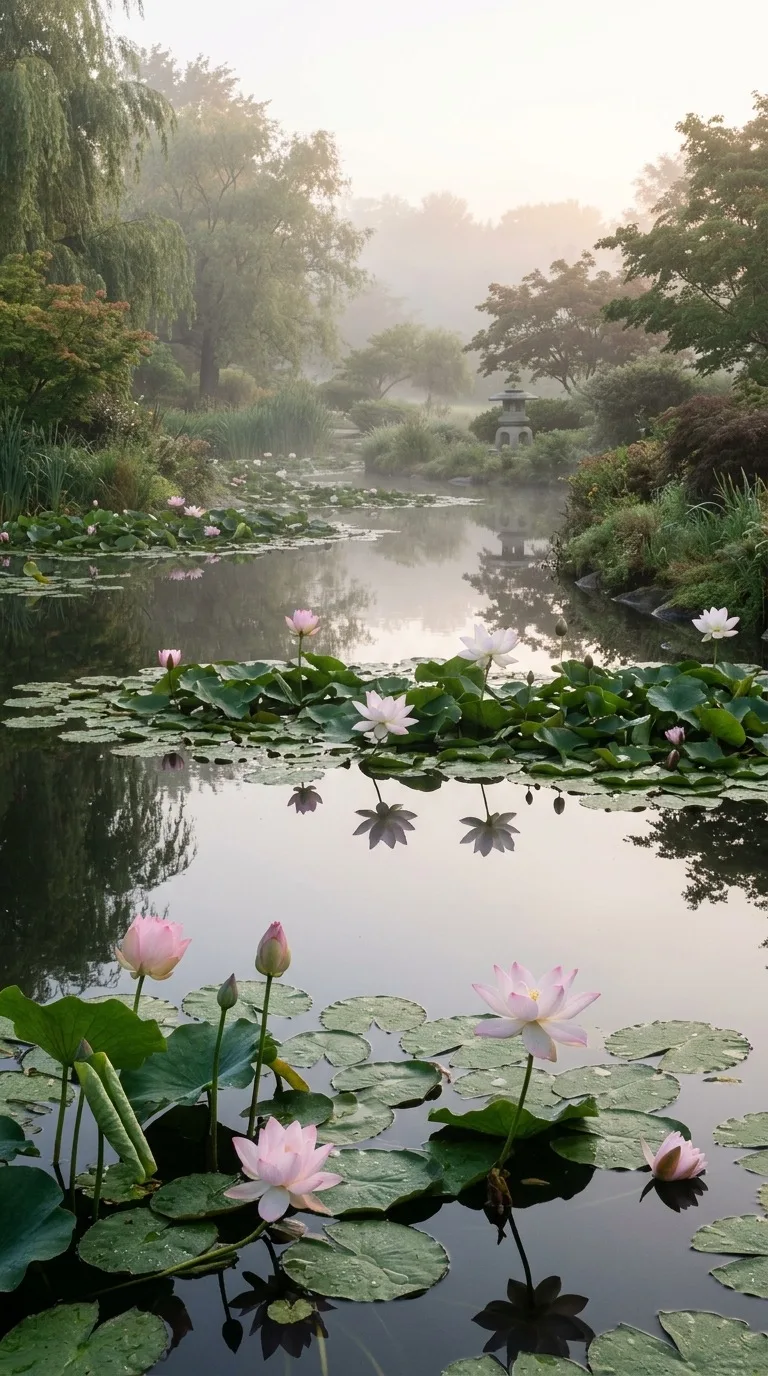Lotus flowers on a still garden pond.