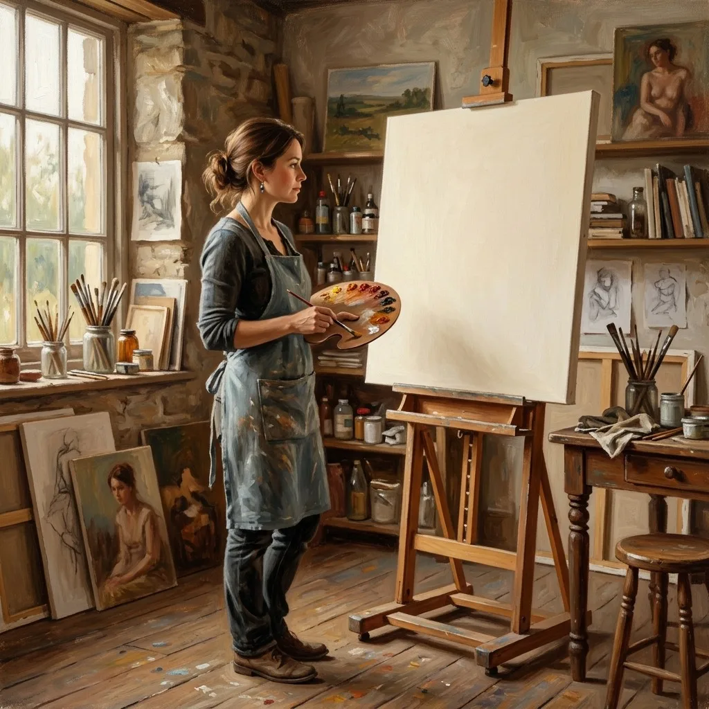 Painter facing a fresh blank canvas